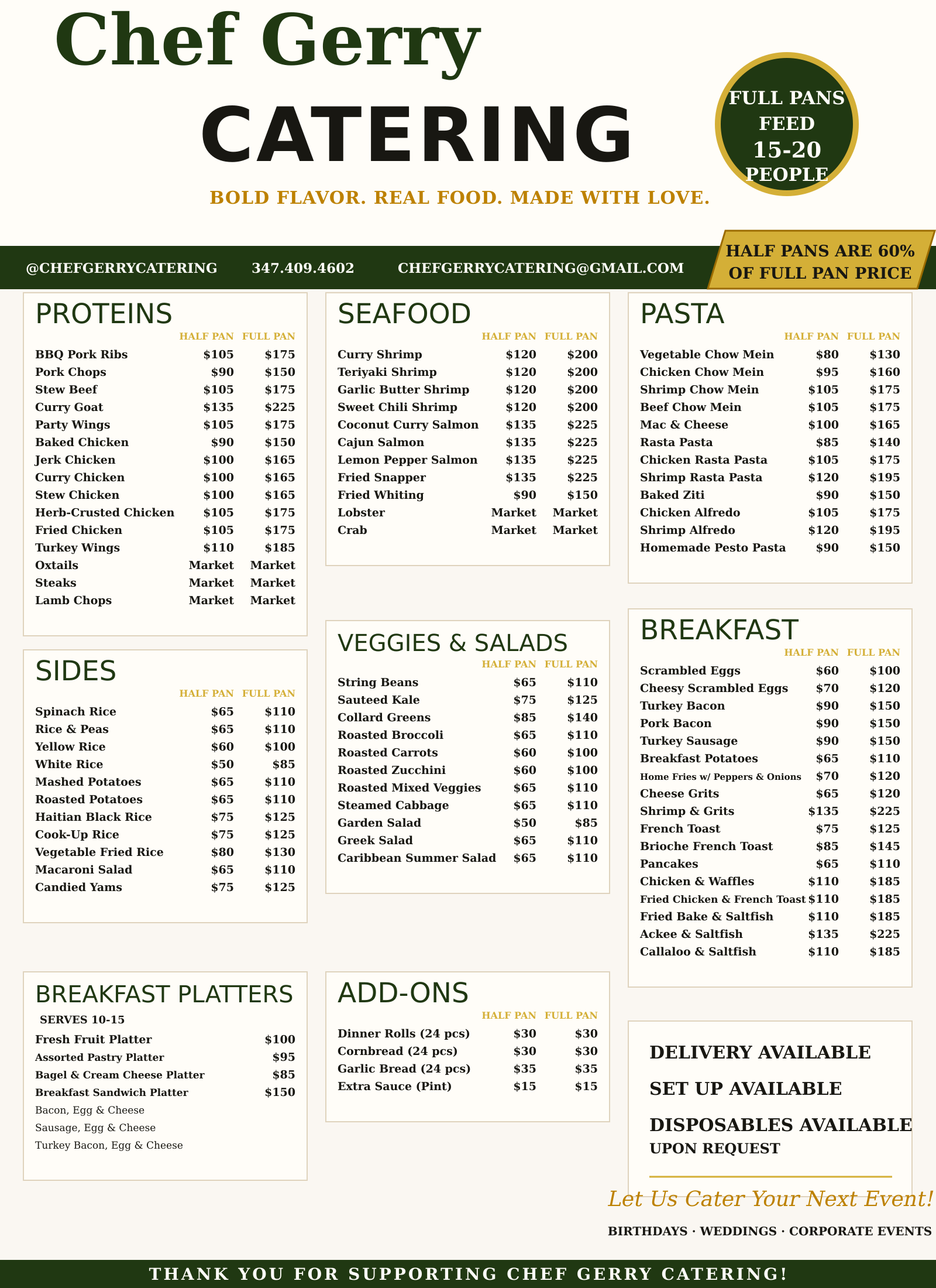 Chef Gerry Catering menu with Caribbean proteins, seafood, pasta, sides, breakfast, and pan pricing